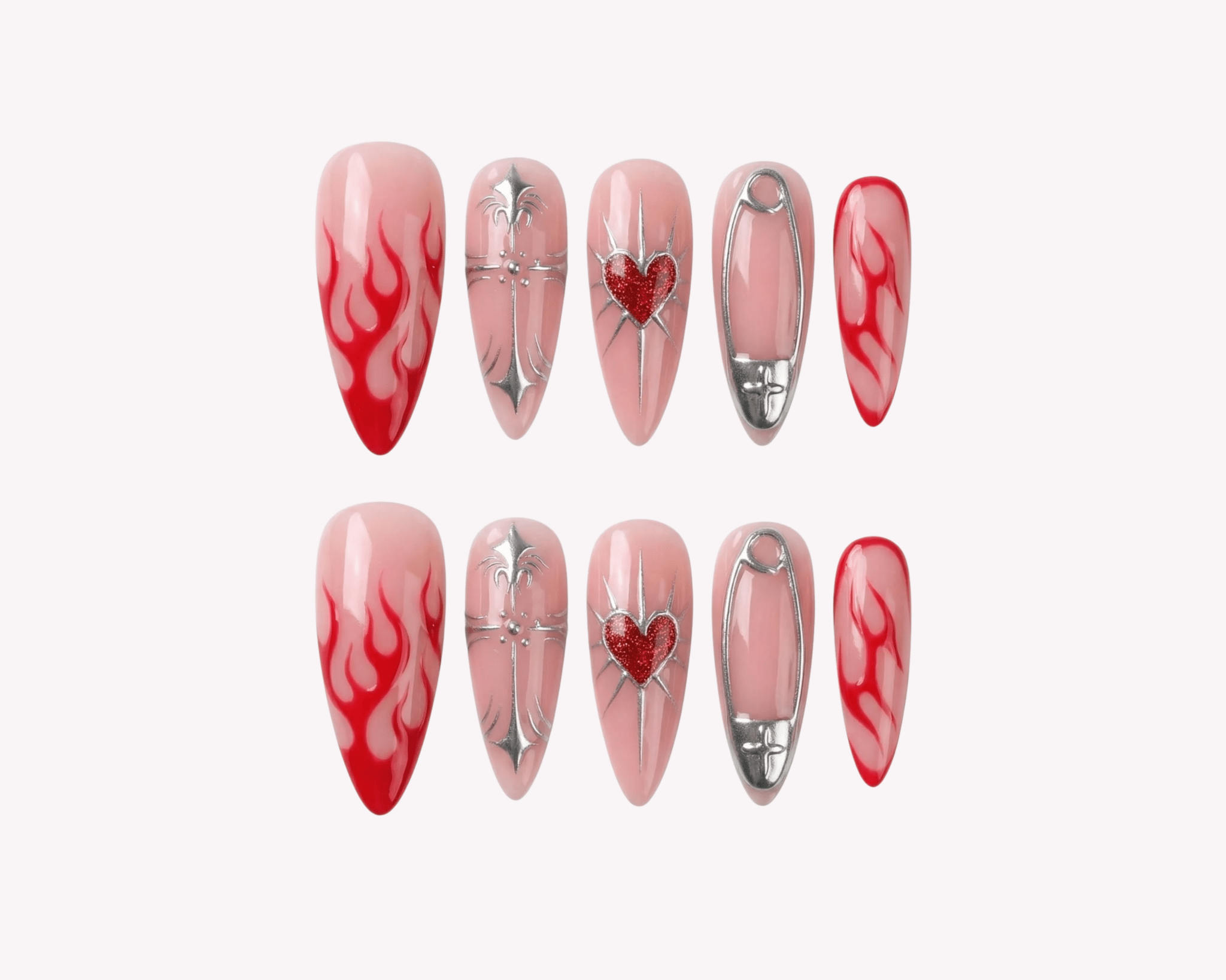 Hand-painted red press-on nails by Handora