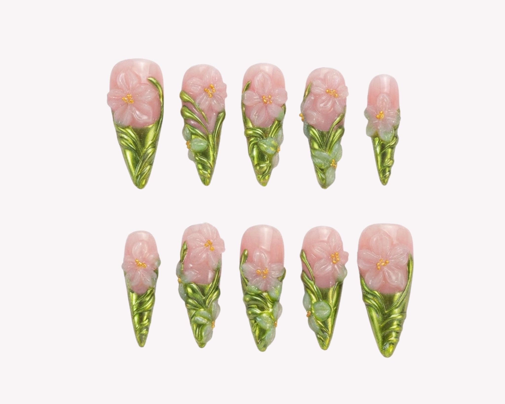 Bright floral summer press-on nails on a short nail shape