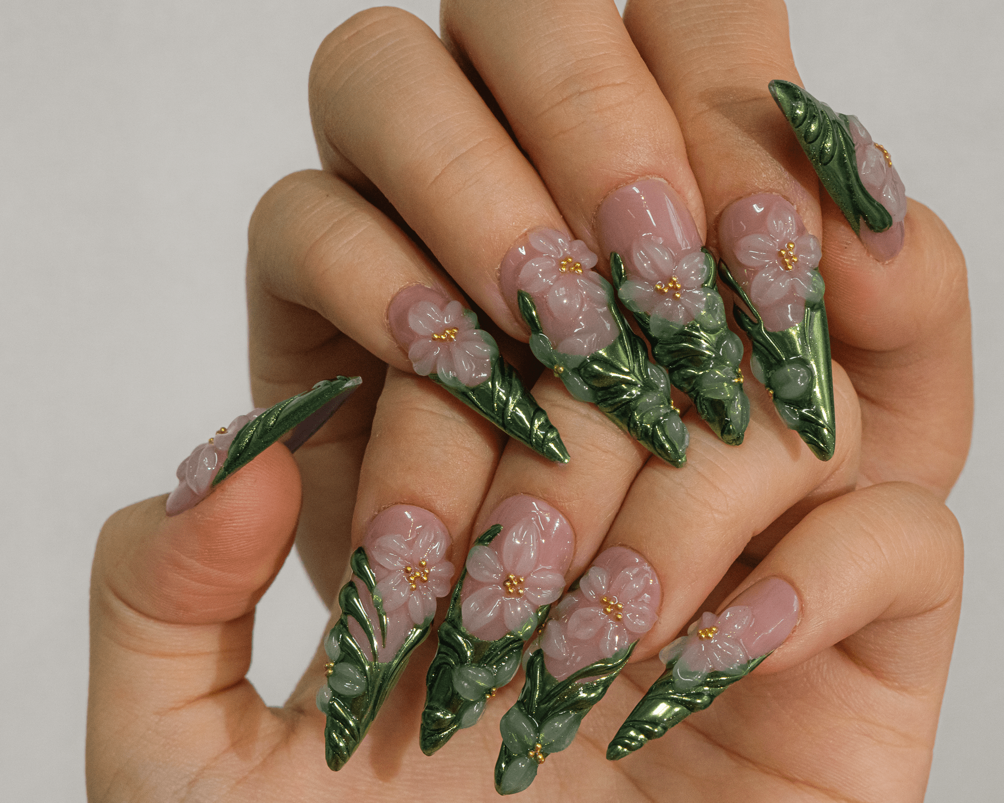 Pink and white hand-painted floral press-on nails