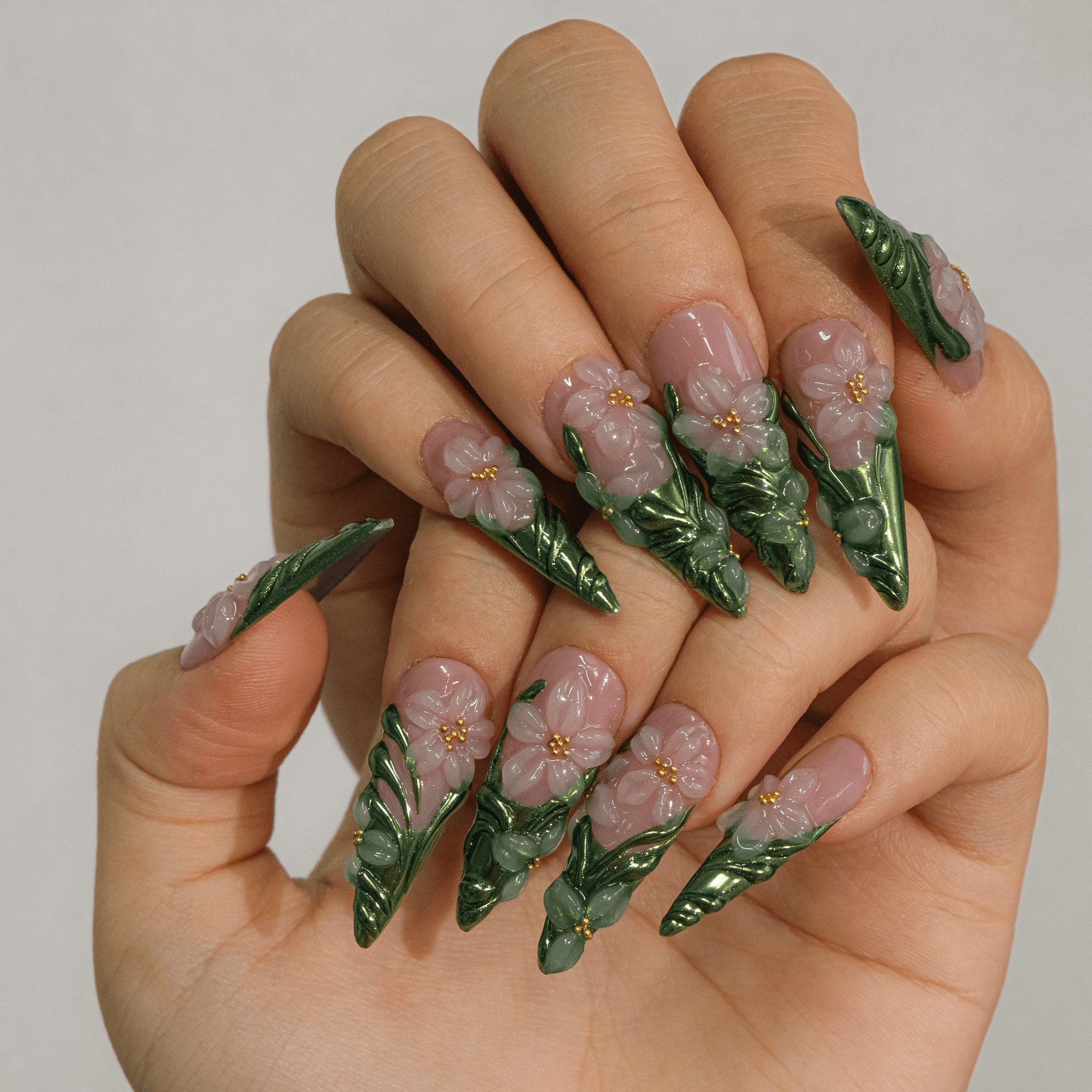 Pink and white hand-painted floral press-on nails
