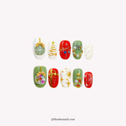 Mistletoe Magic press-on nails – stiletto shape, white and green