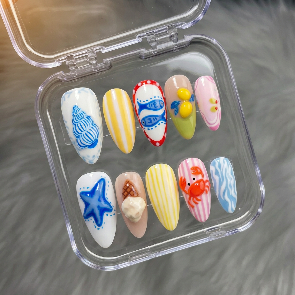 Summer Picnic press-on nails – design close-up by Handora