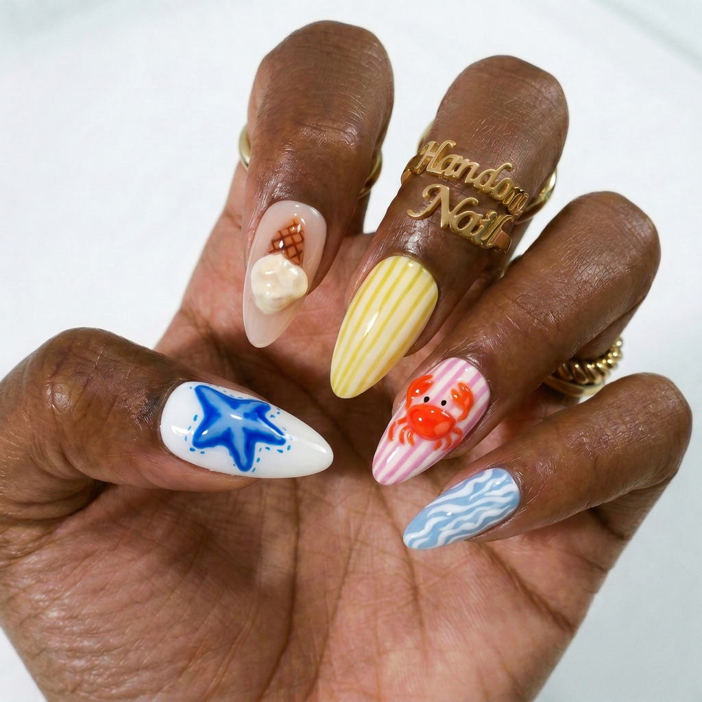 Summer Picnic press-on nails worn on hand – almond shape by Handora