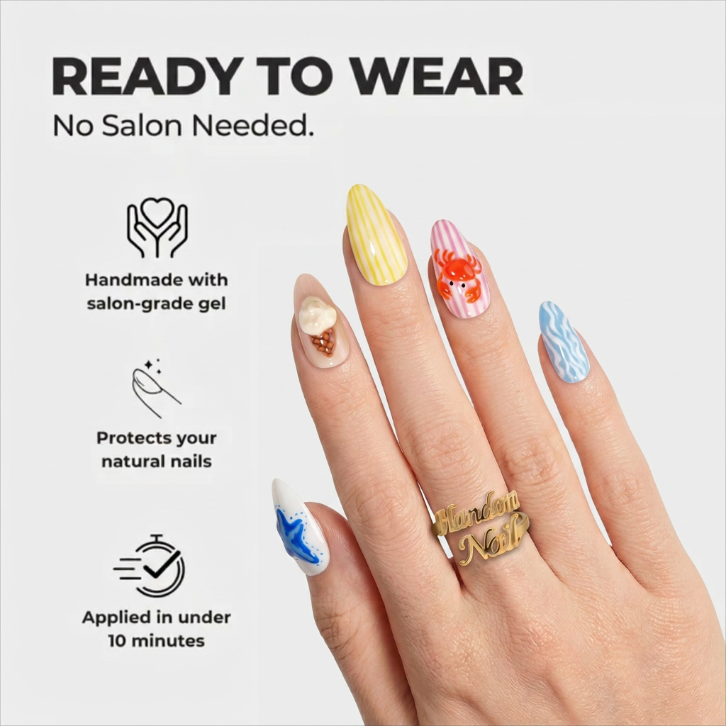 Summer Picnic press-on nails – design close-up by Handora