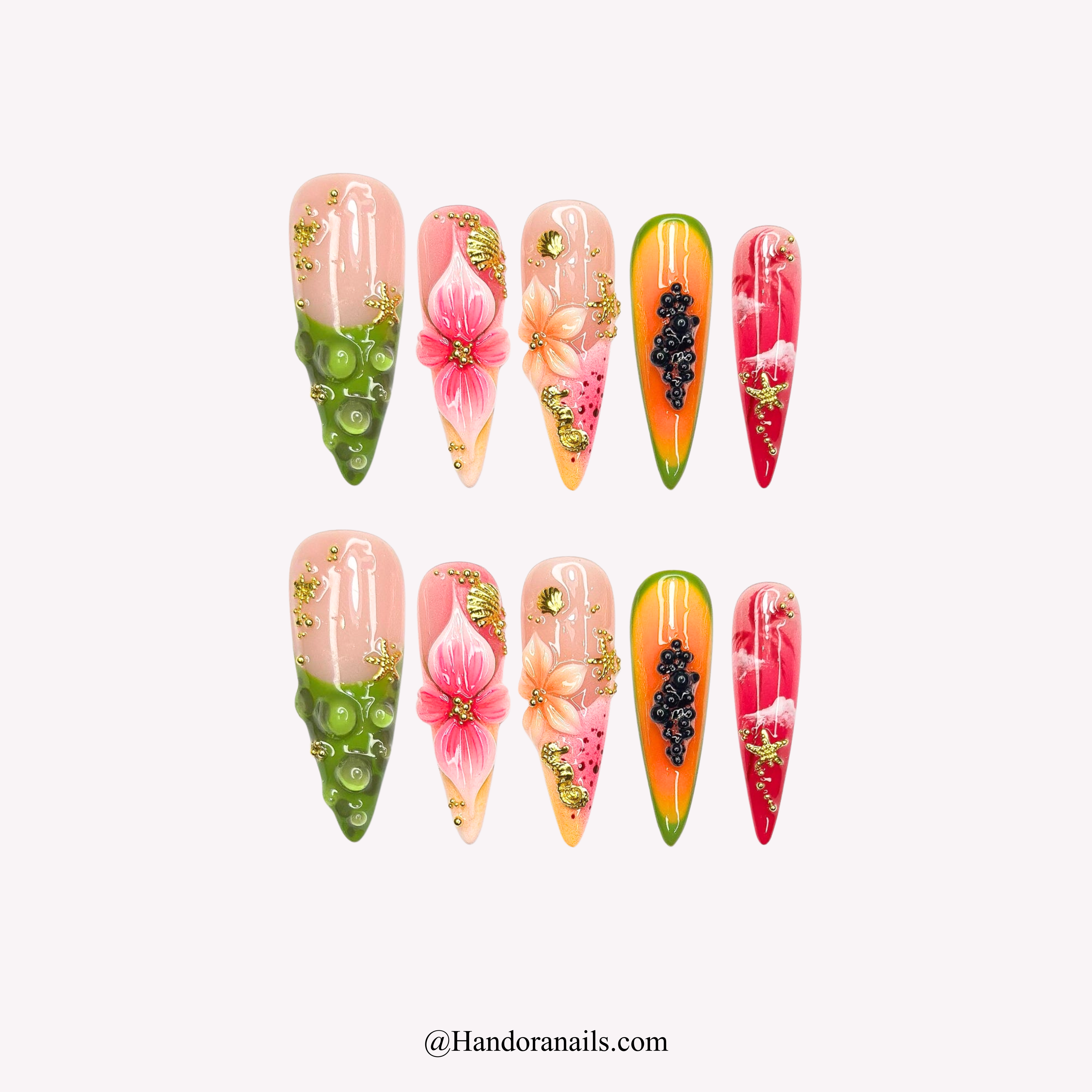 Papaya Bloom floral press-on nails by Handora