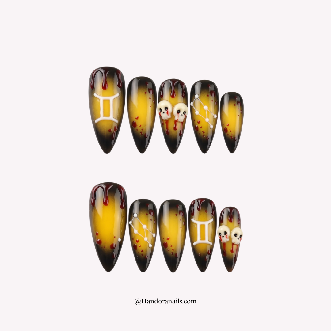 Twin Skulls press-on nails – stiletto shape, yellow and black