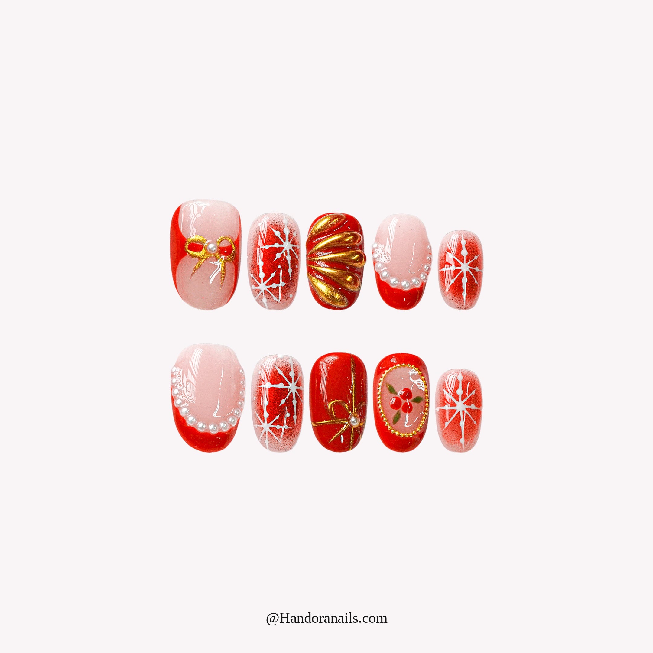 Crimson Joy press-on nails – stiletto shape, white and gold