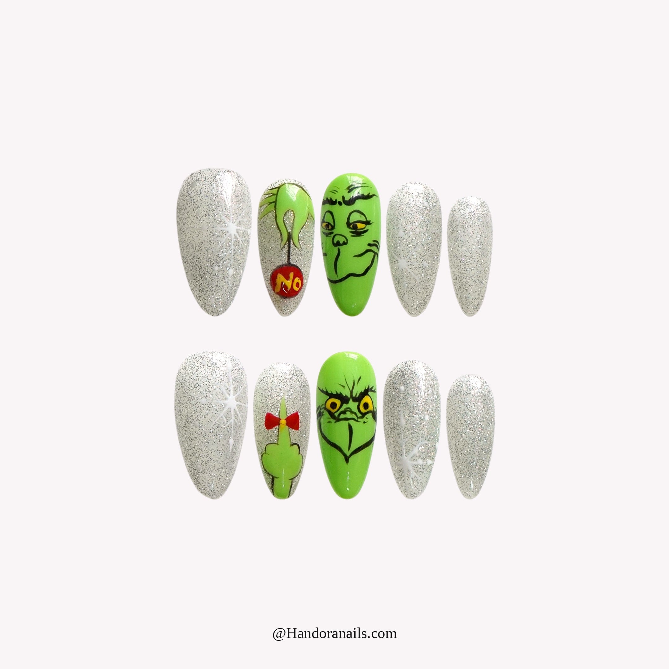 Green Sparkle press-on nails – stiletto shape, green and emerald