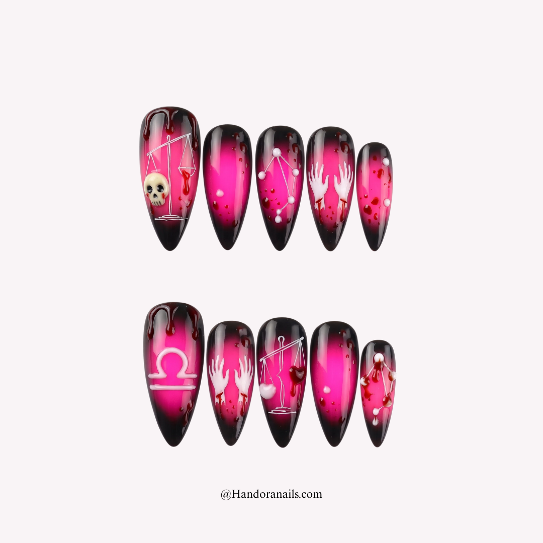 Blood Balance press-on nails – stiletto shape, black and white