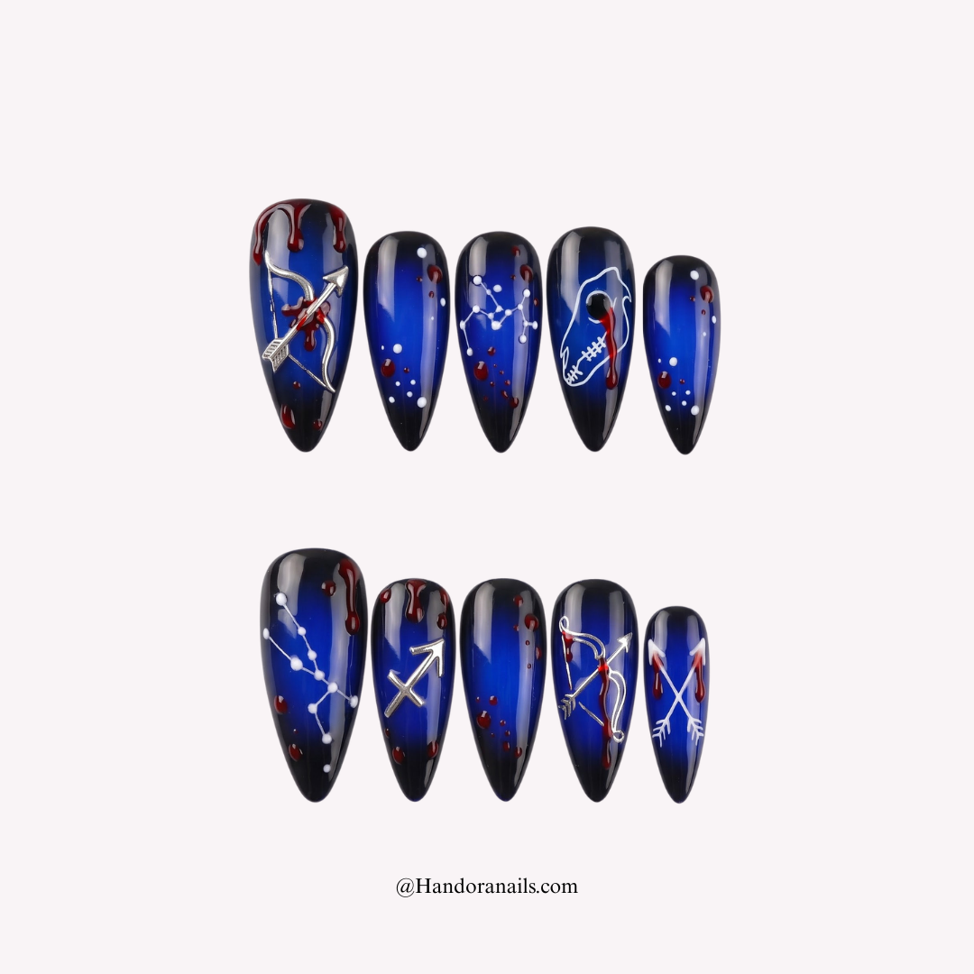 Bloody Arrow press-on nails – stiletto shape, silver and black