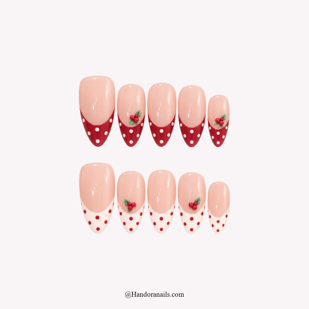 Berry Duet Christmas press-on nails - white background by Handora Nails