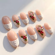 Berry Knit christmas press-on nails – flat lay and packaging by Handora Nails