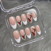 Berry Knit christmas press-on nails – flat lay and packaging by Handora Nails