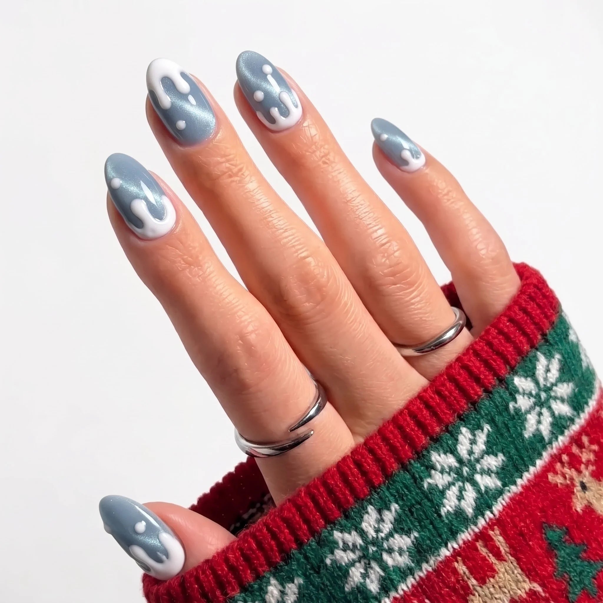 Blue Frost Christmas press-on nails - design view 2 by Handora Nails