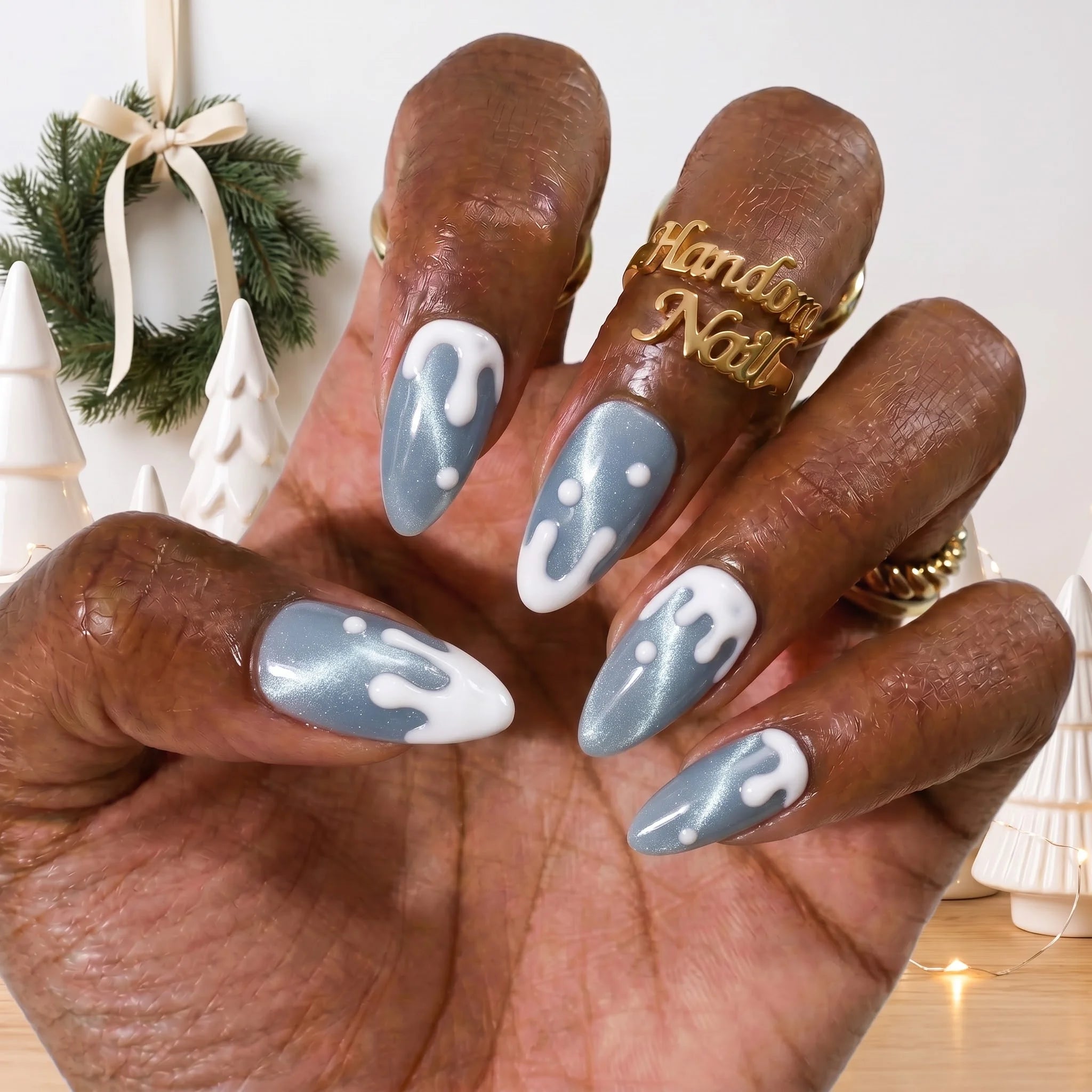 Blue Frost Christmas press-on nails - design view 3 by Handora Nails