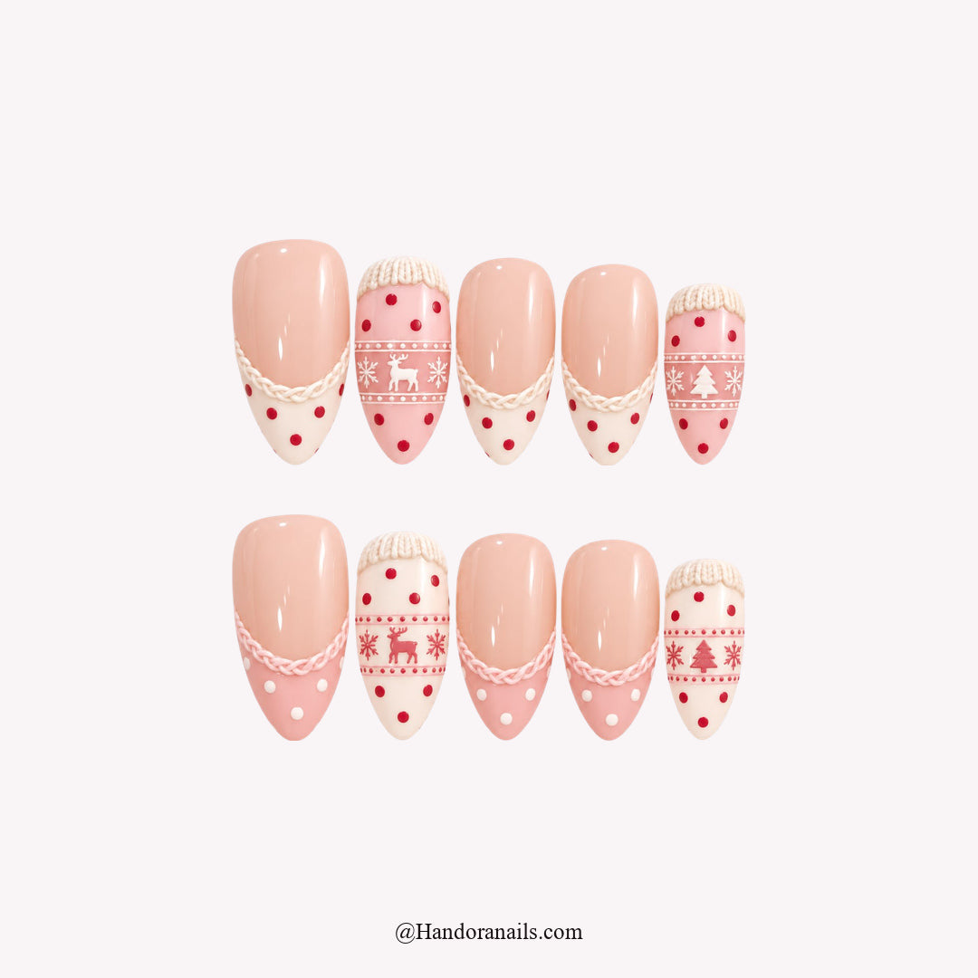 Blush Fair Isle Christmas press-on nails - white background by Handora Nails
