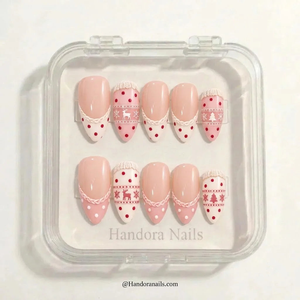 Blush Fair Isle Christmas press-on nails - in display box by Handora Nails
