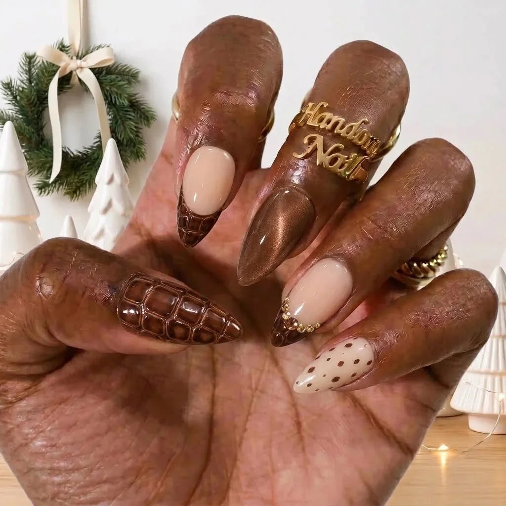 Bronze Croc winter press-on nails - on hand by Handora Nails