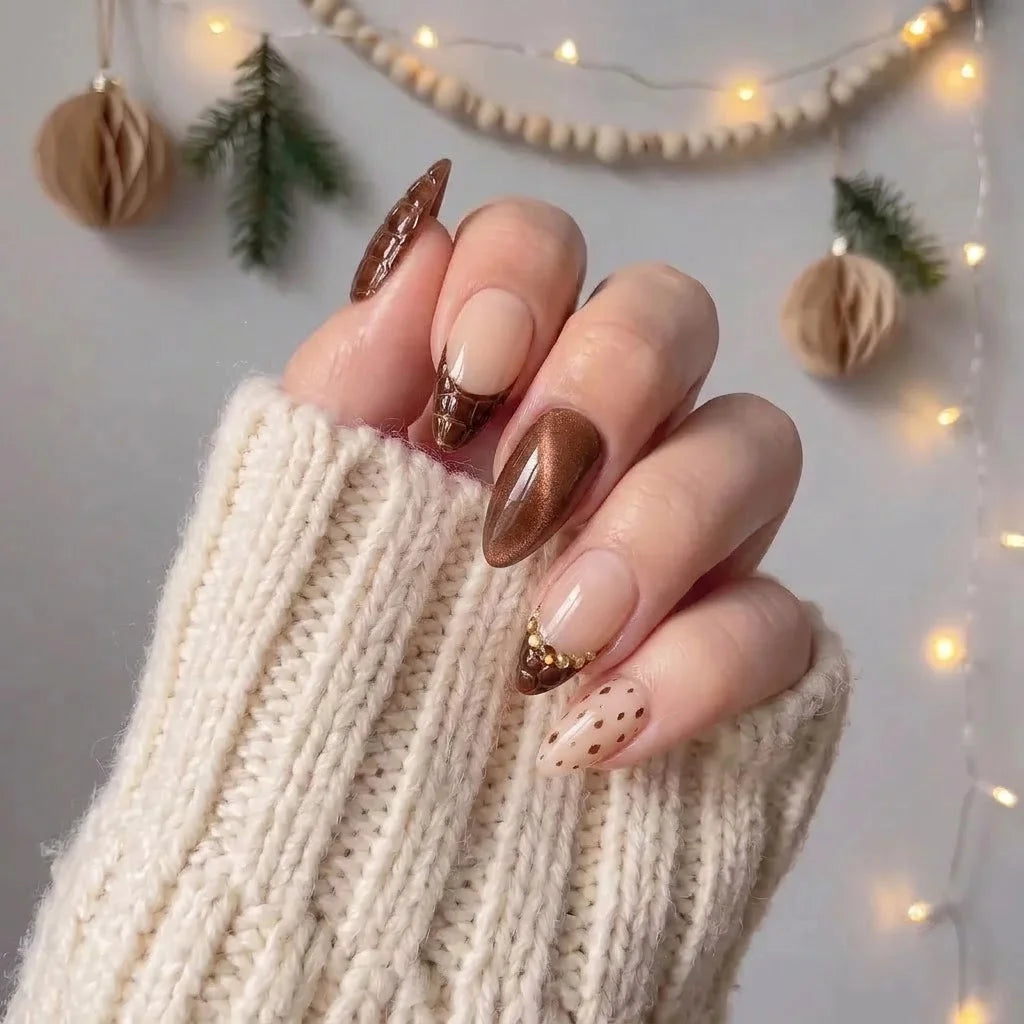 Bronze Croc winter press-on nails - on hand by Handora Nails