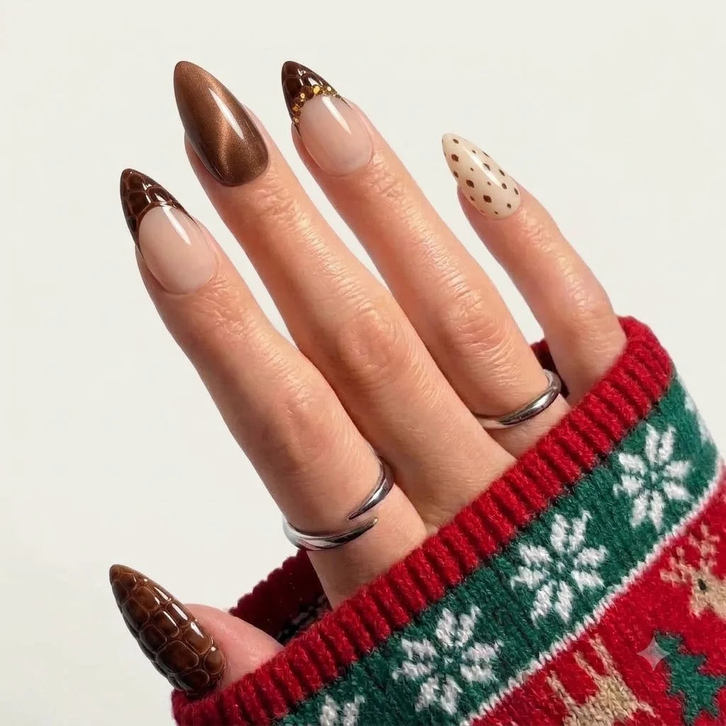Bronze Croc winter press-on nails - on hand by Handora Nails