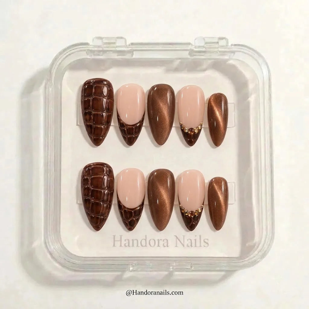 Bronze Croc winter press-on nails - in display box by Handora Nails