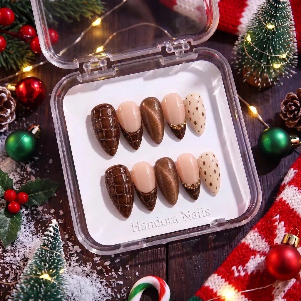 Bronze Croc winter press-on nails - in display box by Handora Nails
