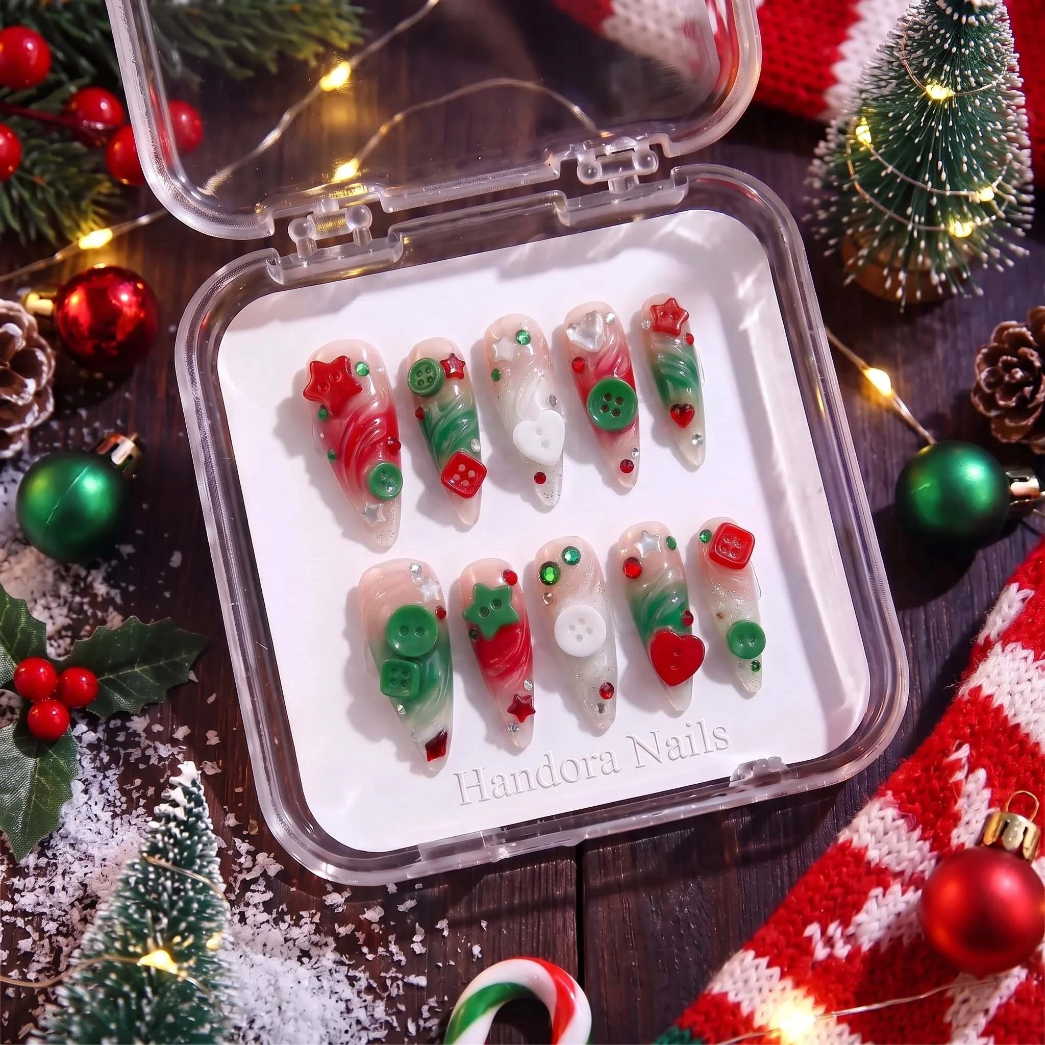 Button Knit christmas press-on nails – flat lay and packaging by Handora Nails