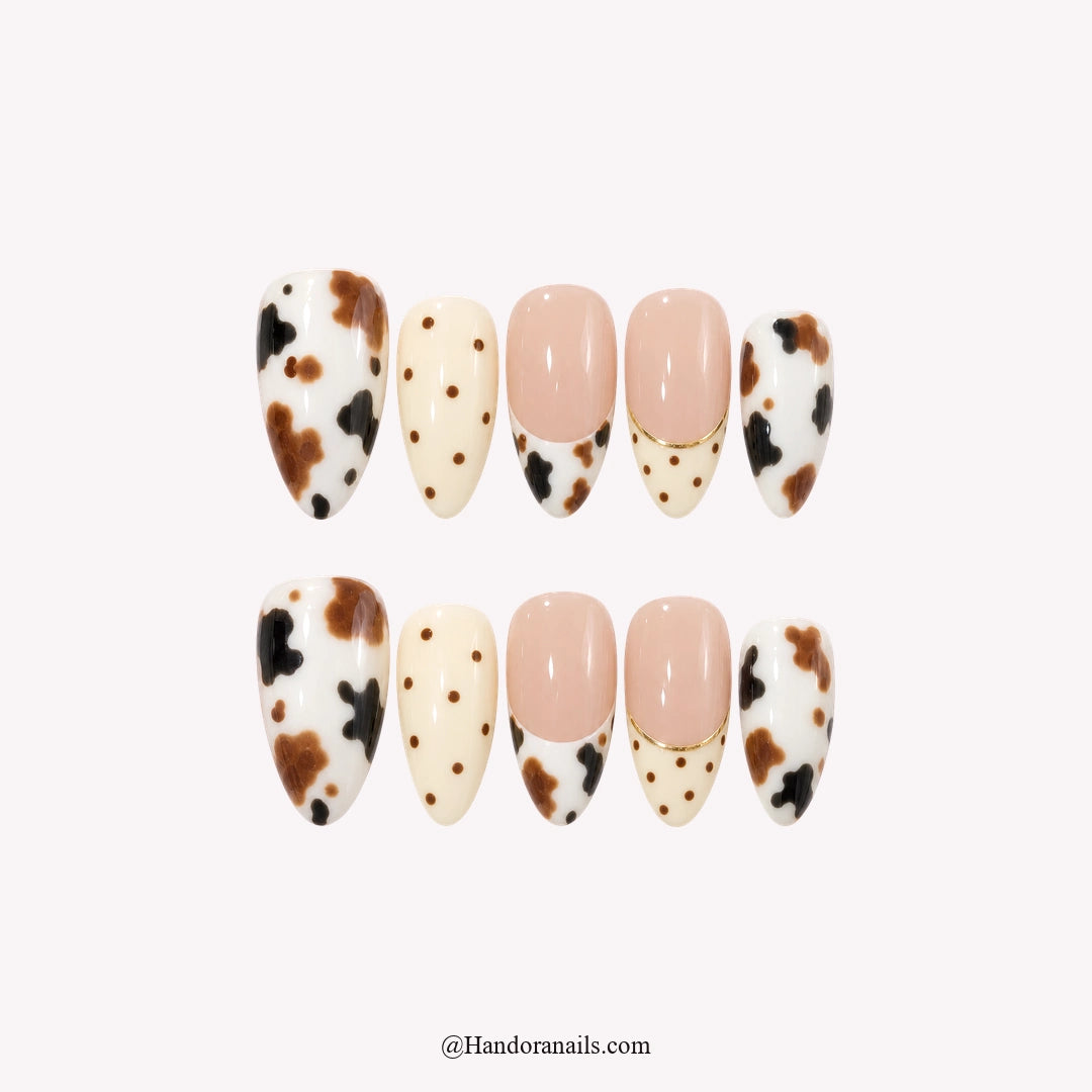 Calico Cream winter press-on nails - white background by Handora Nails