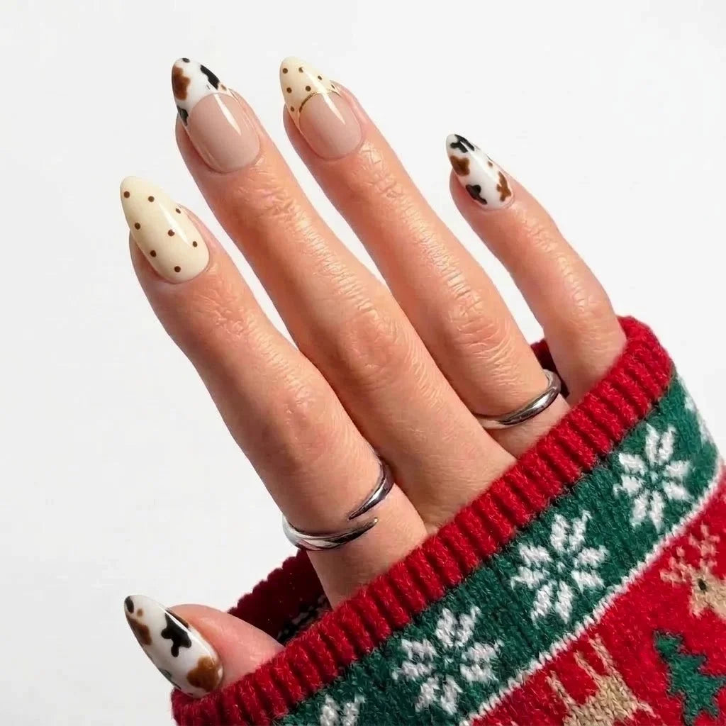 Calico Cream winter press-on nails - on hand by Handora Nails