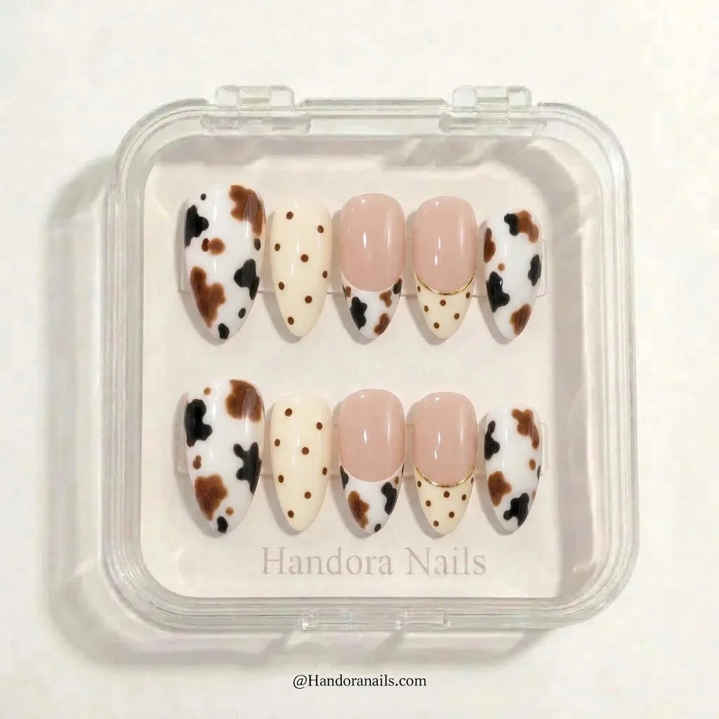 Calico Cream winter press-on nails - in display box by Handora Nails