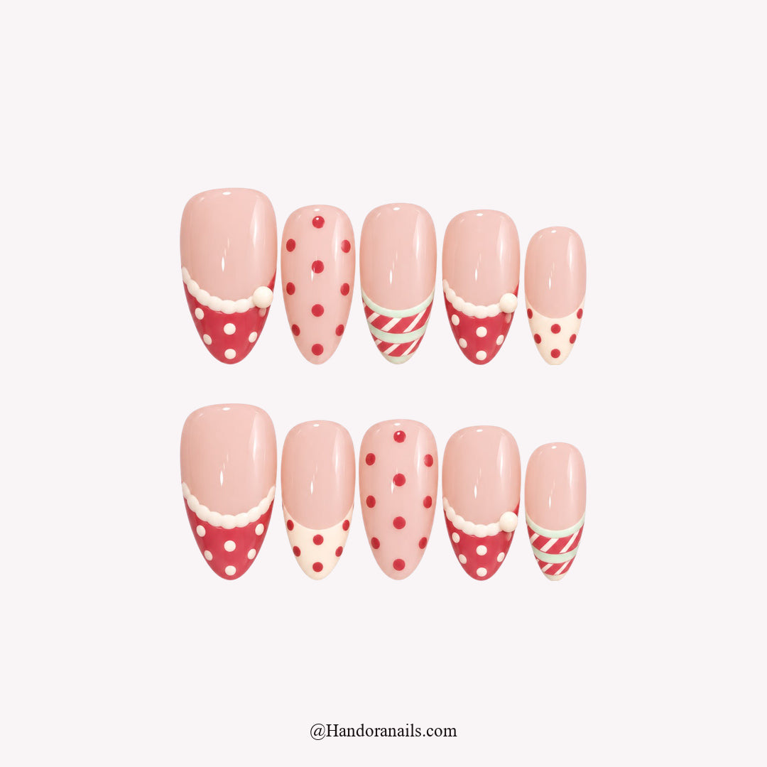 Candy Dot Christmas press-on nails - white background by Handora Nails