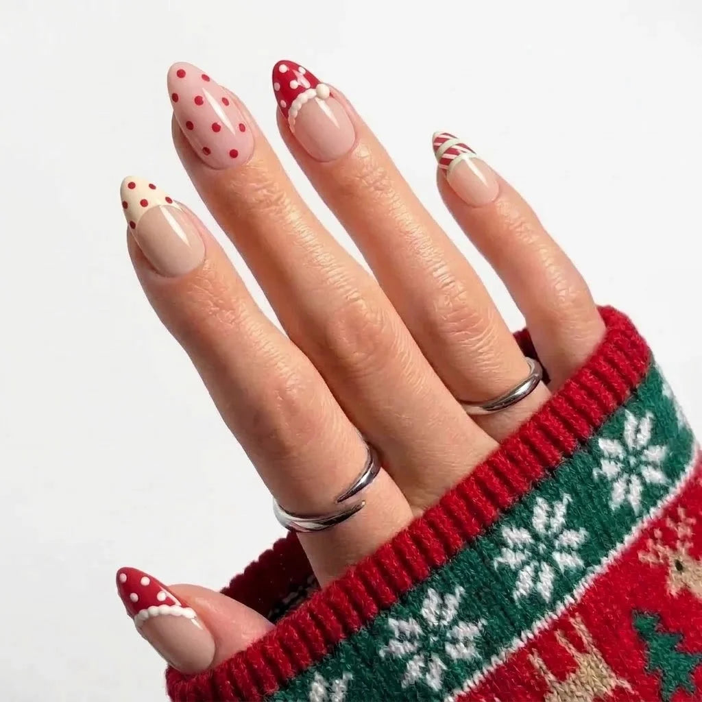 Candy Dot Christmas press-on nails - on hand by Handora Nails