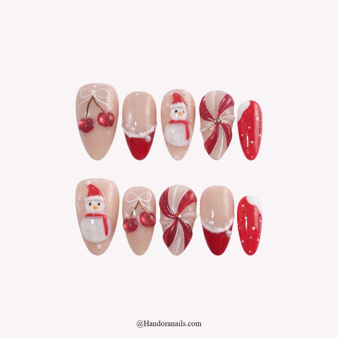 Cherry Snow Christmas press-on nails - white background by Handora Nails