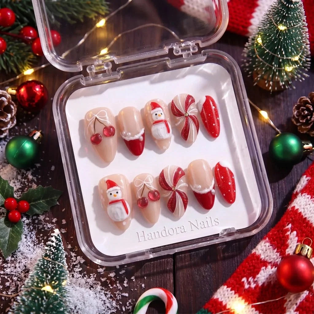 Cherry Snow Christmas press-on nails - design view 6 by Handora Nails