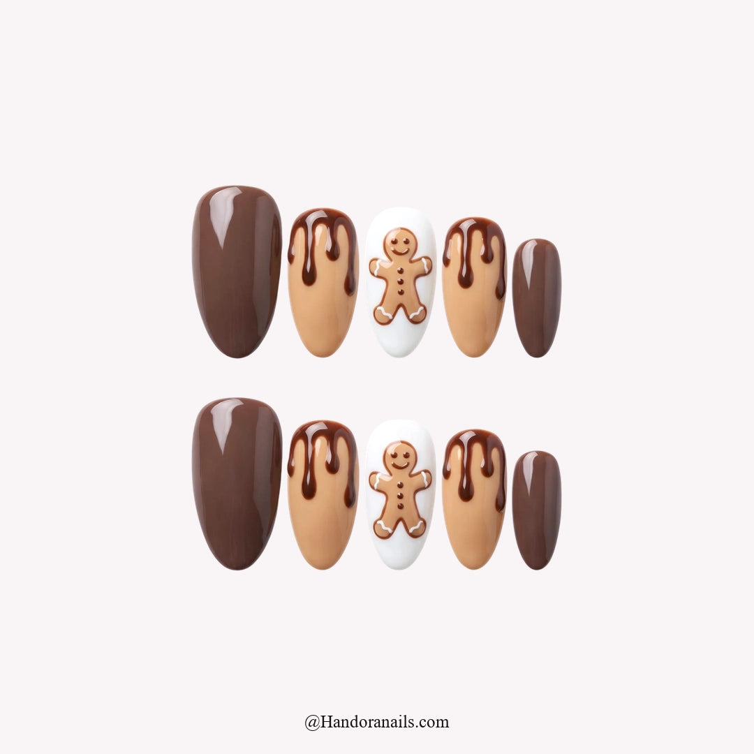 Choco Ginger Christmas press-on nails - white background by Handora Nails