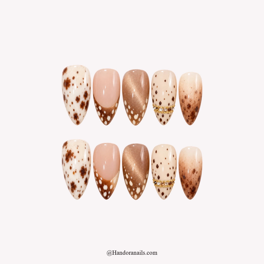 Cocoa Fawn winter press-on nails - white background by Handora Nails