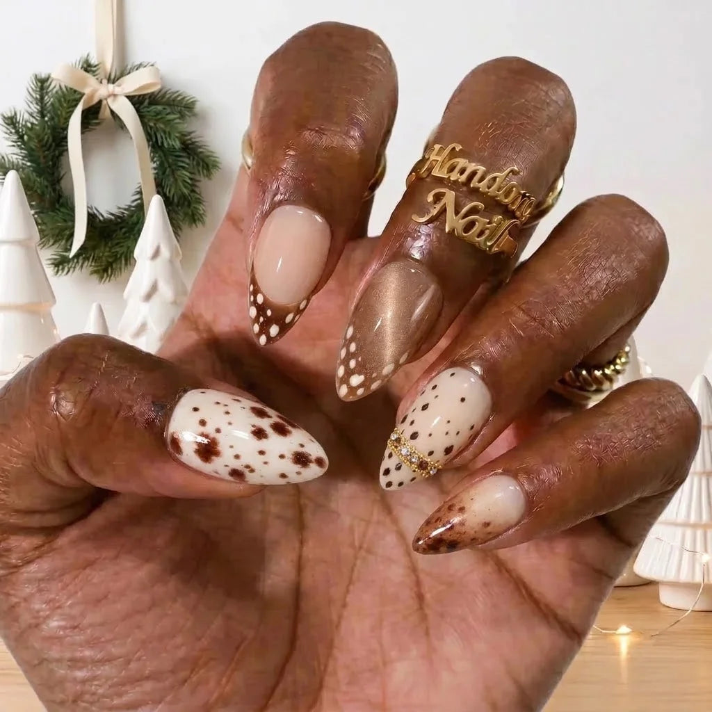 Cocoa Fawn winter press-on nails - on hand by Handora Nails