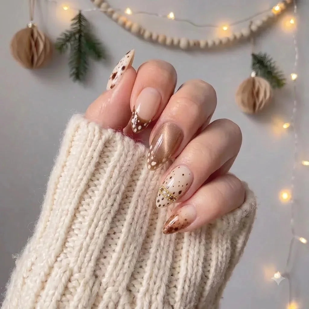 Cocoa Fawn winter press-on nails - on hand by Handora Nails