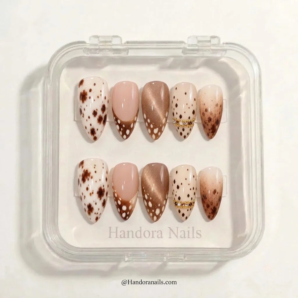 Cocoa Fawn winter press-on nails - in display box by Handora Nails