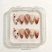 Cocoa Fawn winter press-on nails - in display box by Handora Nails