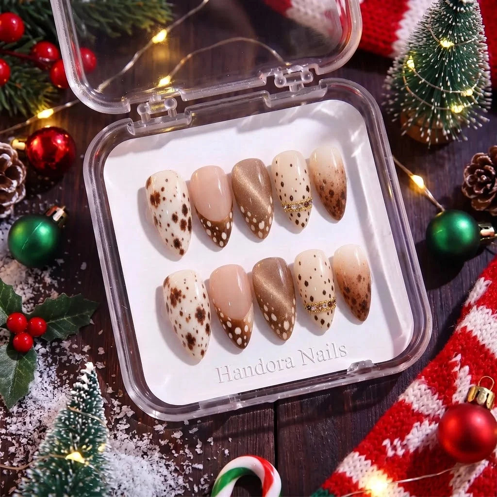Cocoa Fawn winter press-on nails - in display box by Handora Nails
