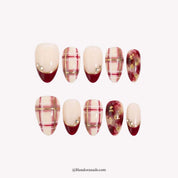 Cranberry Plaid Christmas press-on nails - white background by Handora Nails