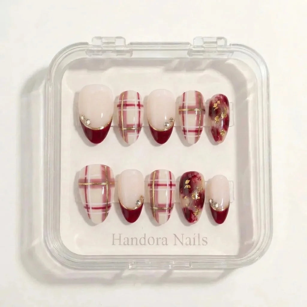 Cranberry Plaid Christmas press-on nails - in display box by Handora Nails