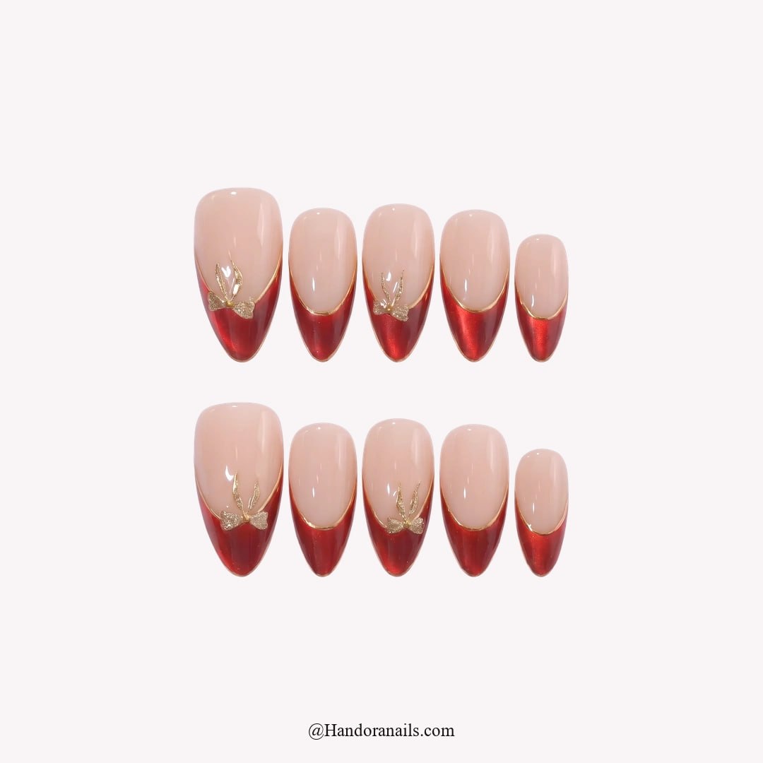Crimson Halo Christmas press-on nails - white background by Handora Nails