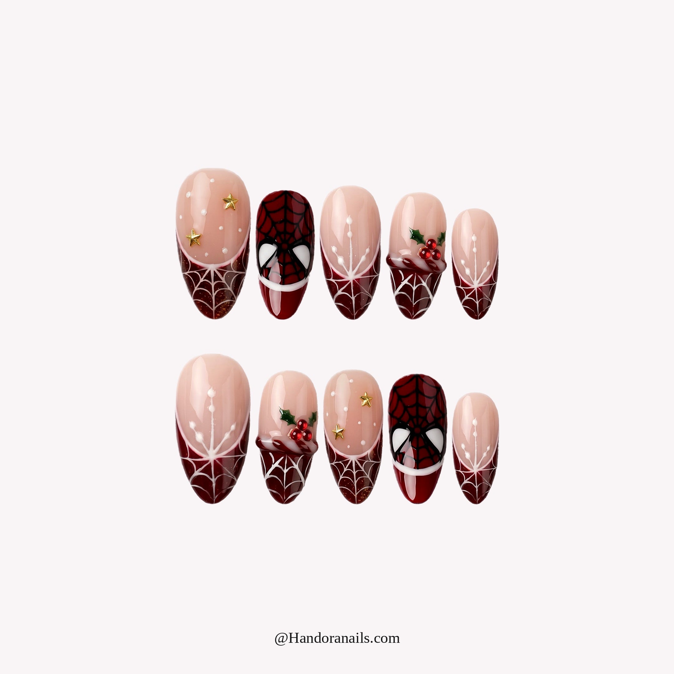 Crimson Web Christmas press-on nails – white background by Handora Nails