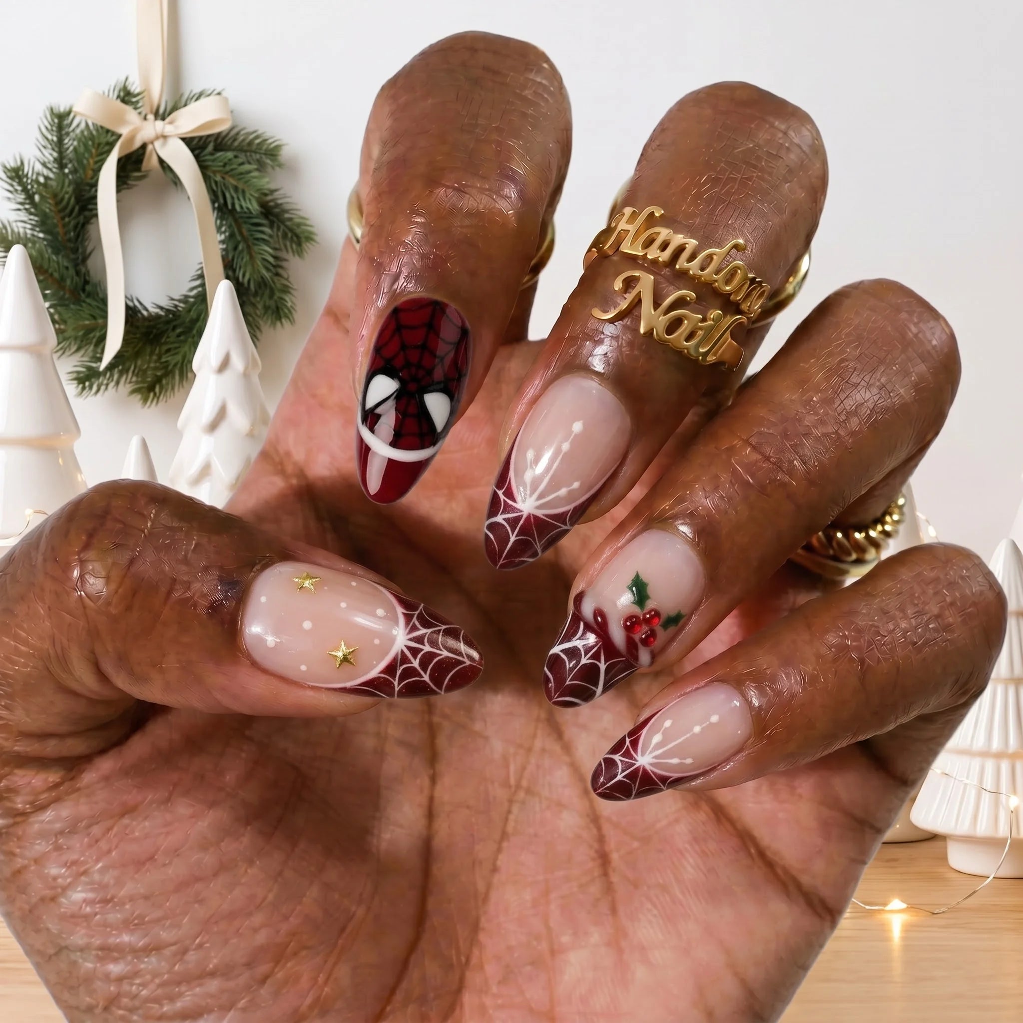 Crimson Web Christmas press-on nails – on hand by Handora Nails