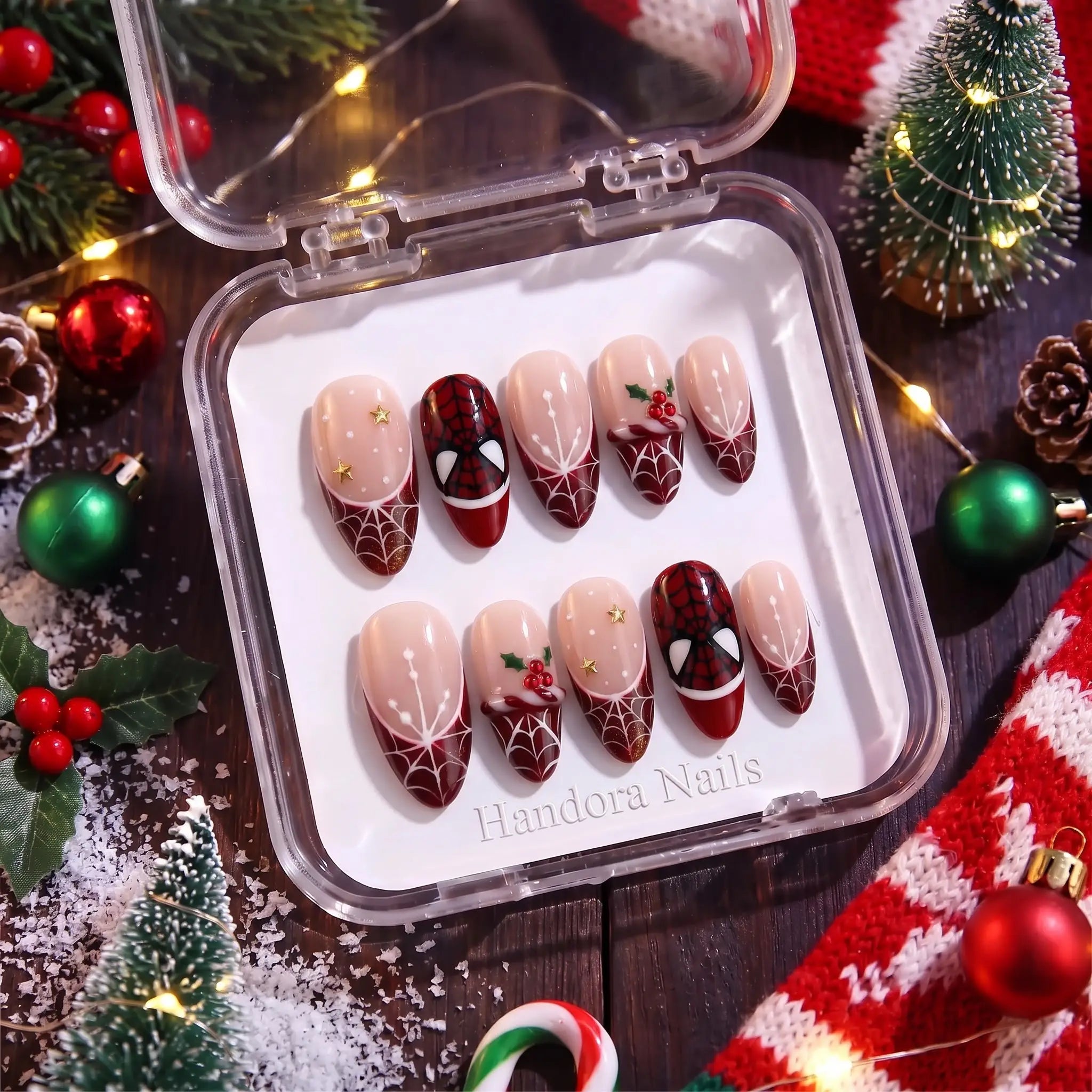 Crimson Web Christmas press-on nails – in gift box by Handora Nails