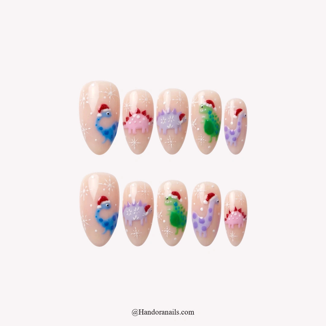 Dino Christmas Christmas press-on nails - white background by Handora Nails