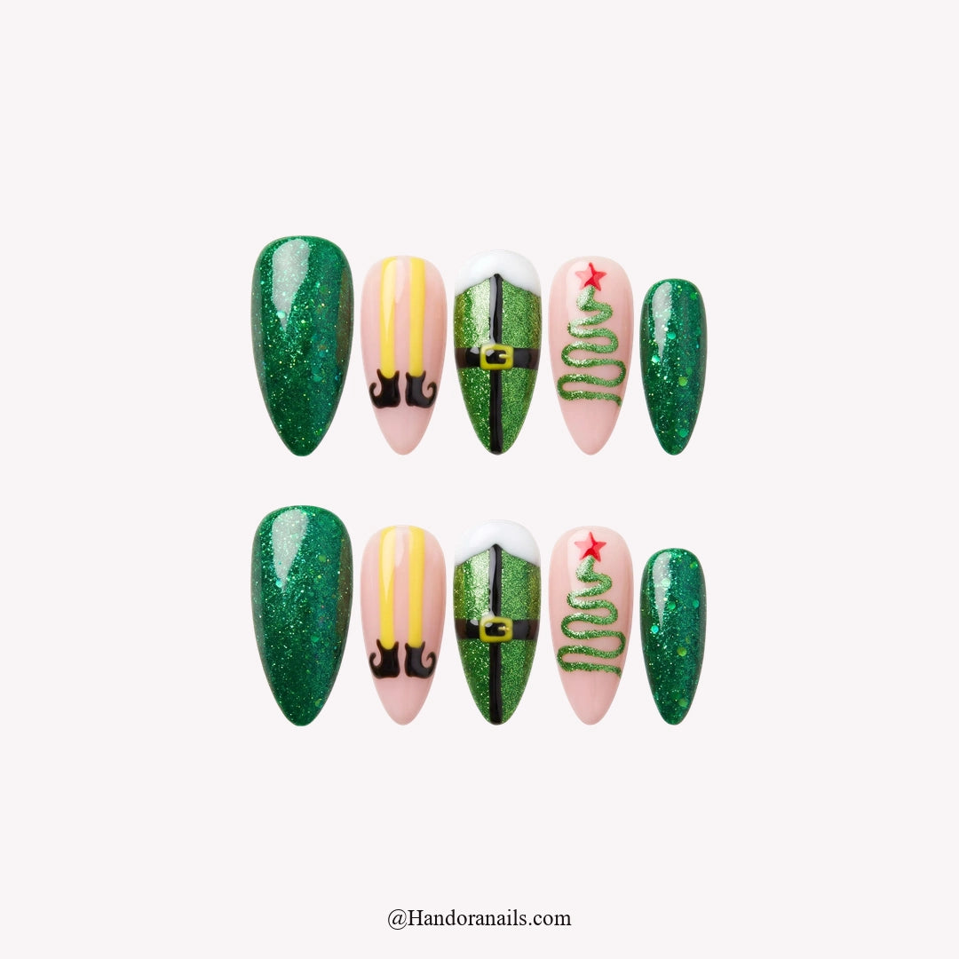 Elf Mode Christmas press-on nails - white background by Handora Nails