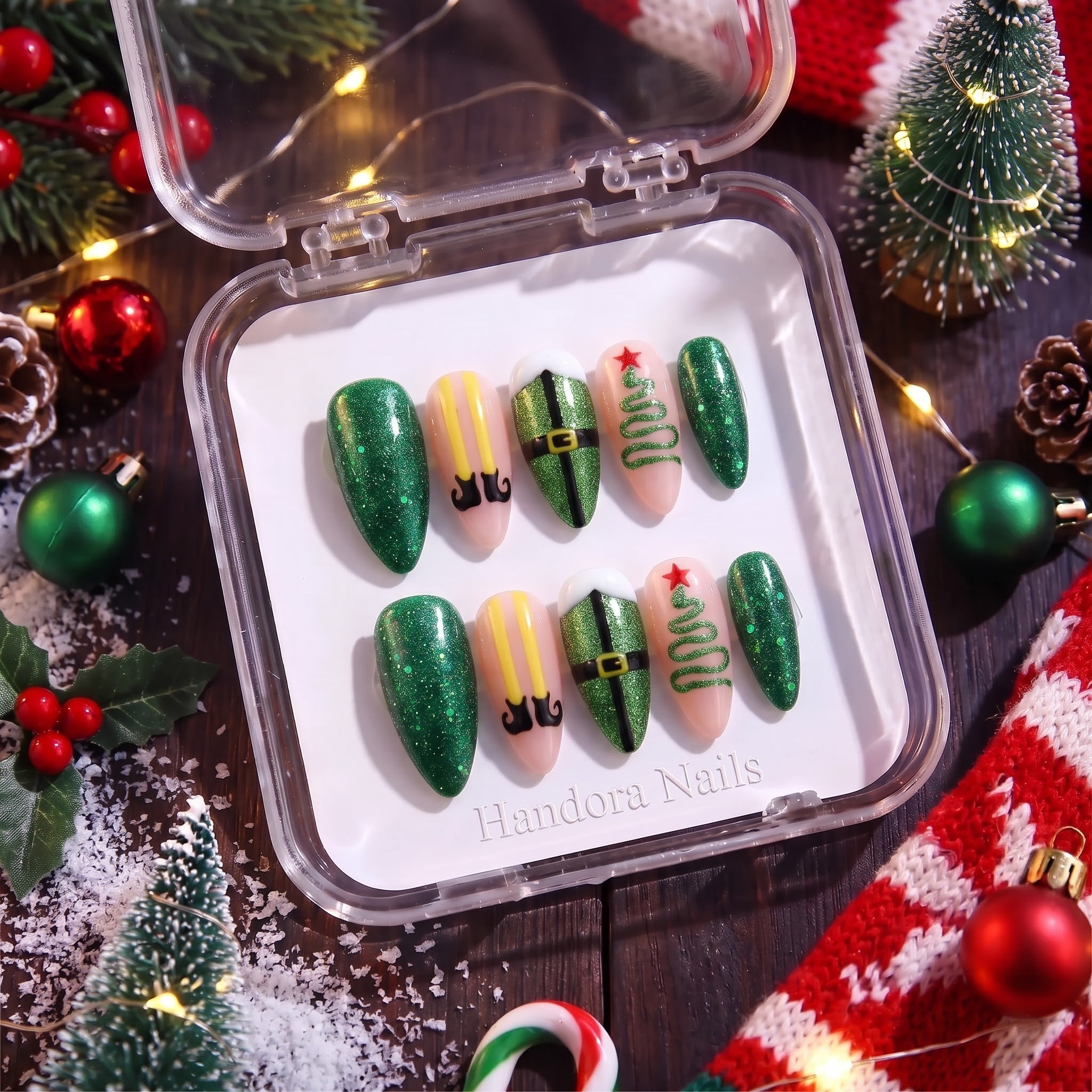 Elf Mode Christmas press-on nails - design view 11 by Handora Nails